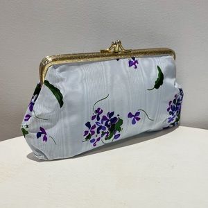Vintage 60s Trina Blue and Purple Floral Gold Tone Framed Kiss Lock Purse